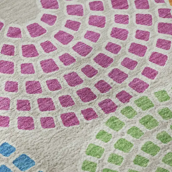 8' Cream Green And Blue Geometric Washable Round Rug With UV Protection Photo 9