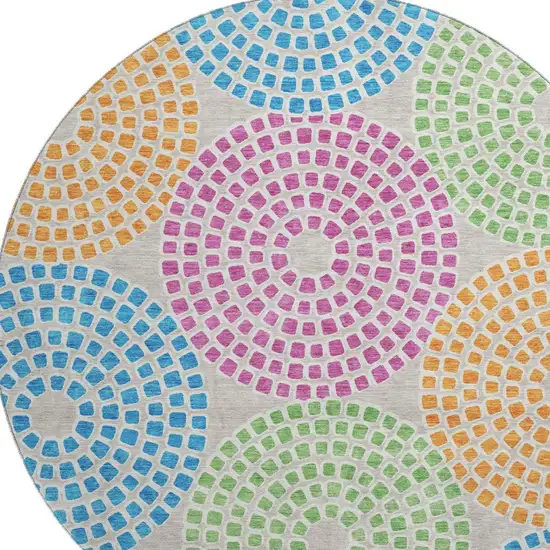 8' Cream Green And Blue Geometric Washable Round Rug With UV Protection Photo 4