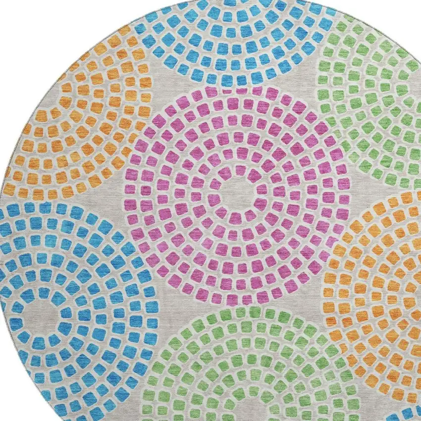 8' Cream Green And Blue Geometric Washable Round Rug With UV Protection Photo 4