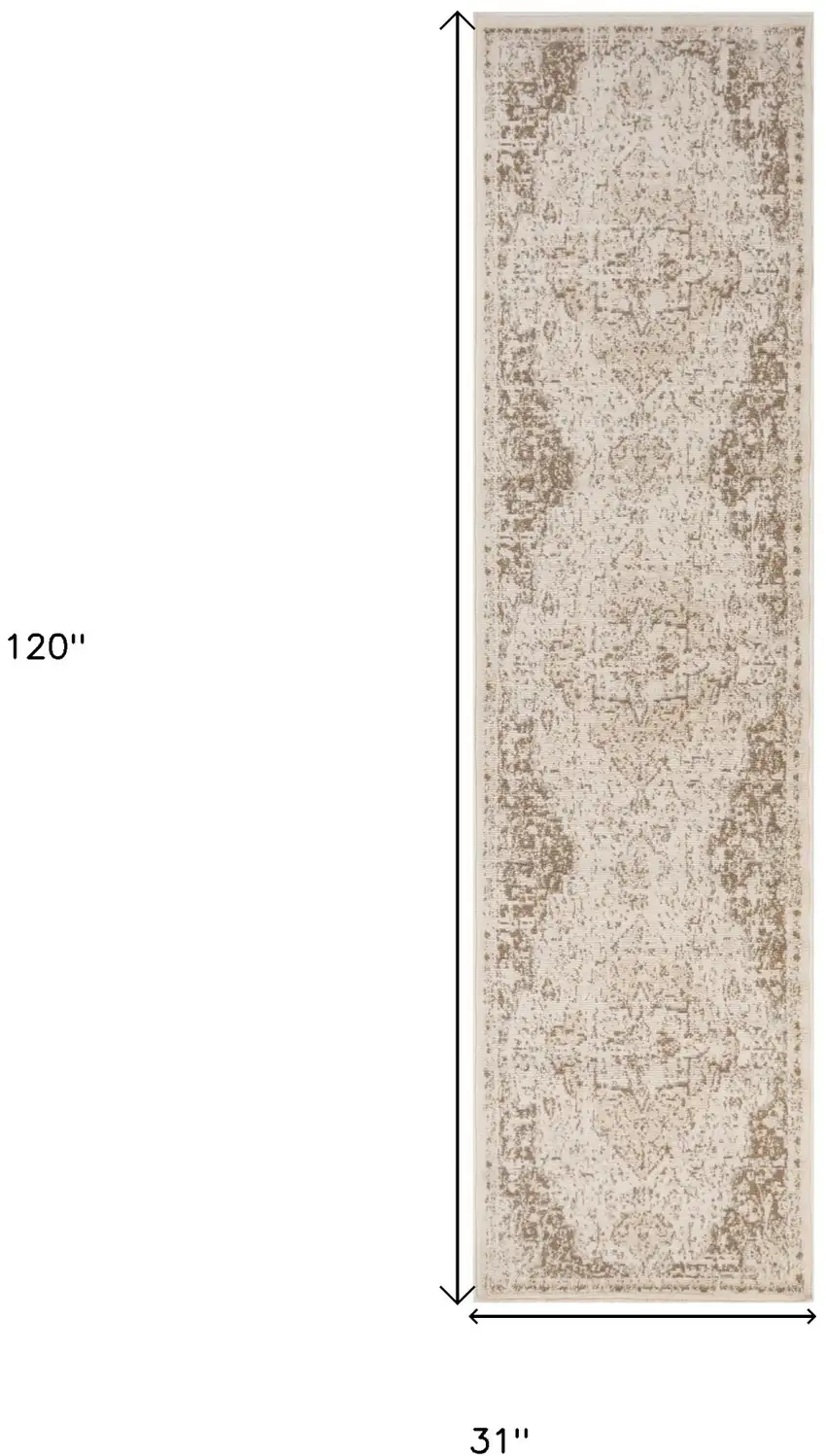10' Cream Medallion Power Loom Runner Rug Photo 6