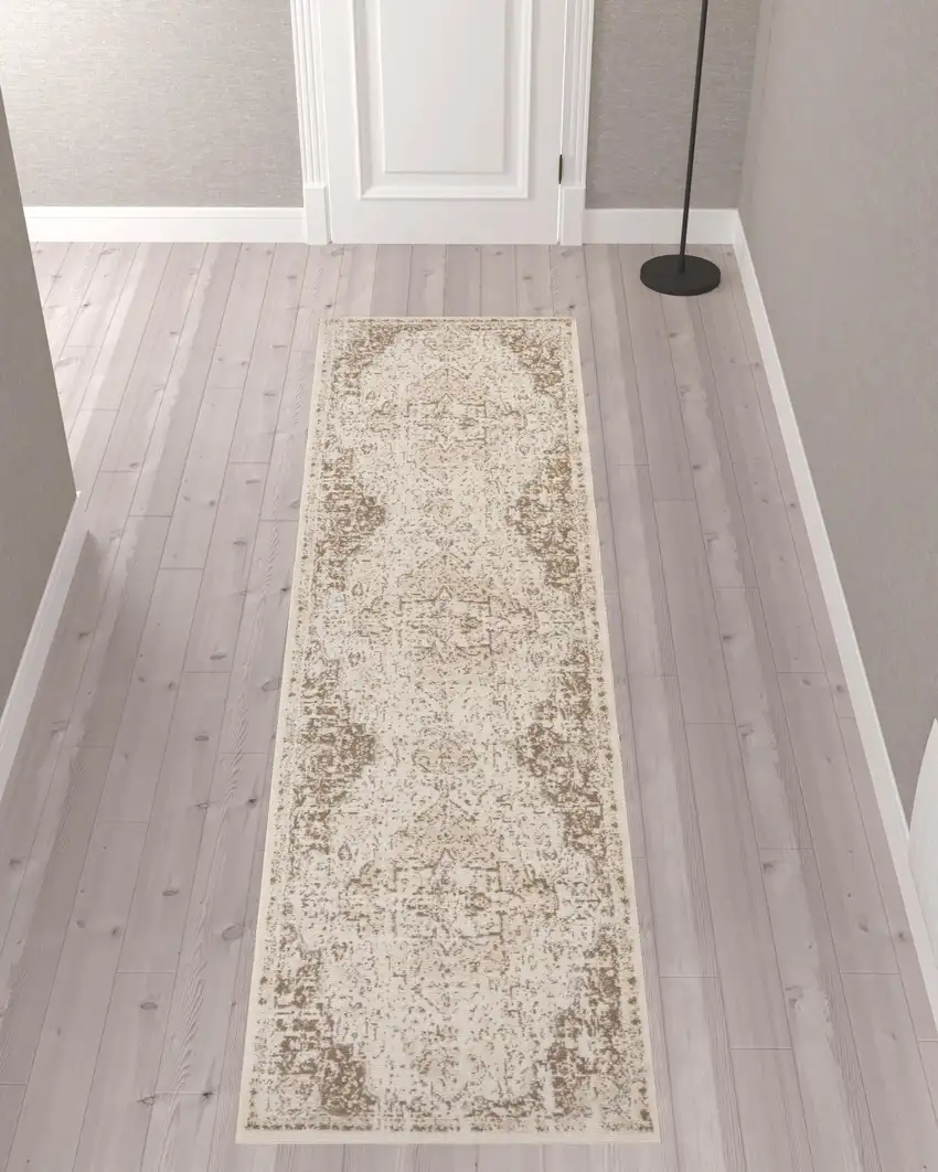 10' Cream Medallion Power Loom Runner Rug Photo 2