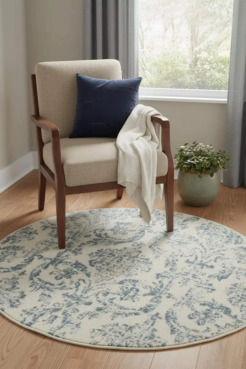 5' Cream Round Damask Power Loom Area Rug Photo 1