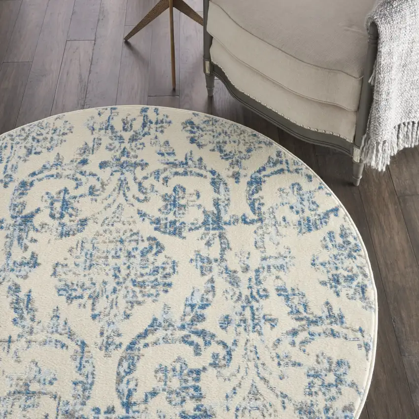 5' Cream Round Damask Power Loom Area Rug Photo 4