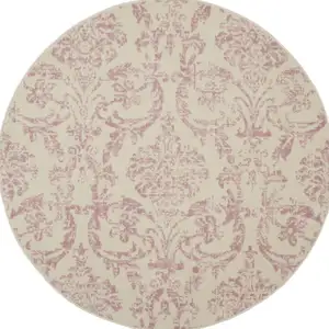 Photo of 5' Cream Round Damask Power Loom Area Rug