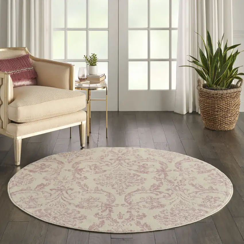 5' Cream Round Damask Power Loom Area Rug Photo 5