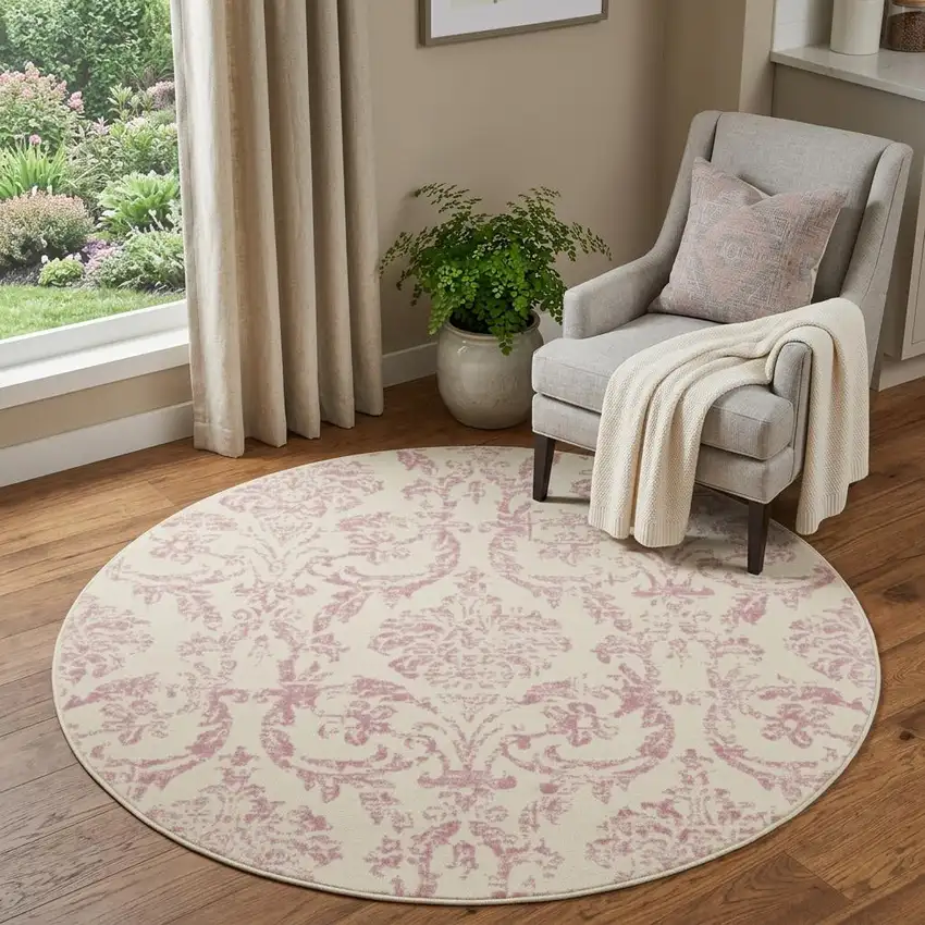 5' Cream Round Damask Power Loom Area Rug Photo 1
