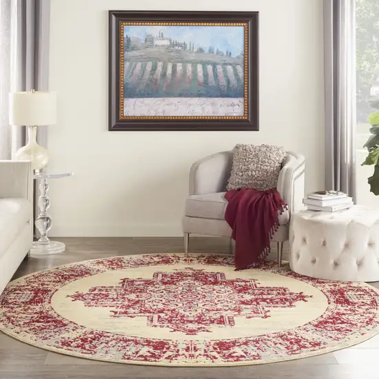 8' Cream Round Damask Power Loom Area Rug Photo 7