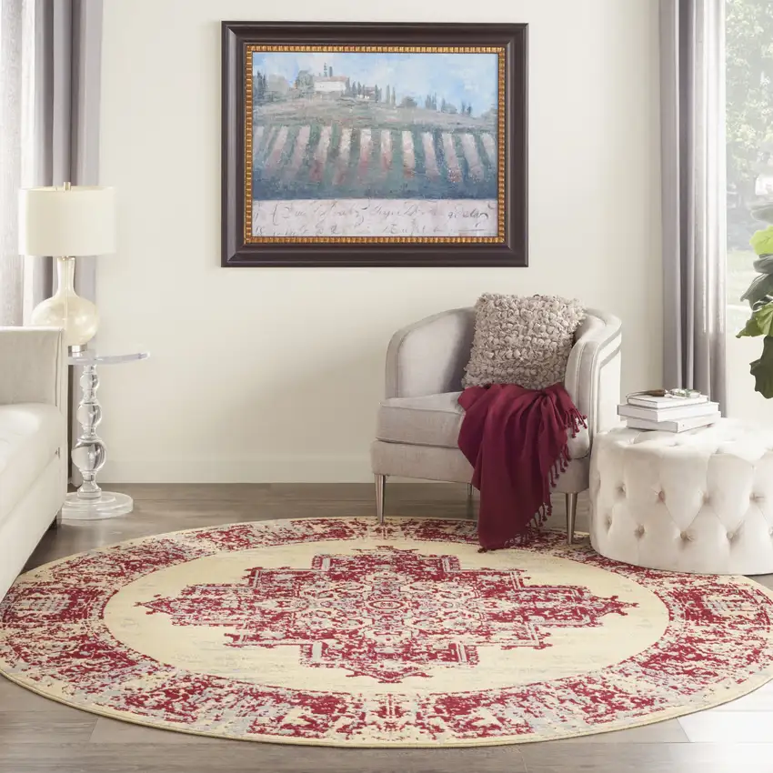 8' Cream Round Damask Power Loom Area Rug Photo 7