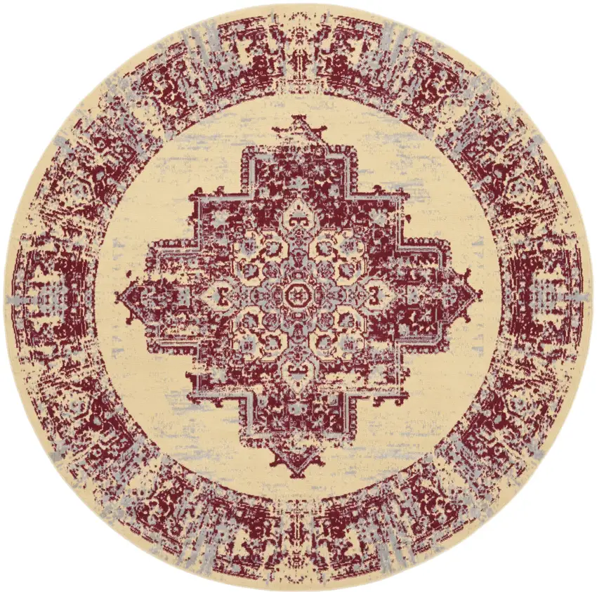 8' Cream Round Damask Power Loom Area Rug Photo 1