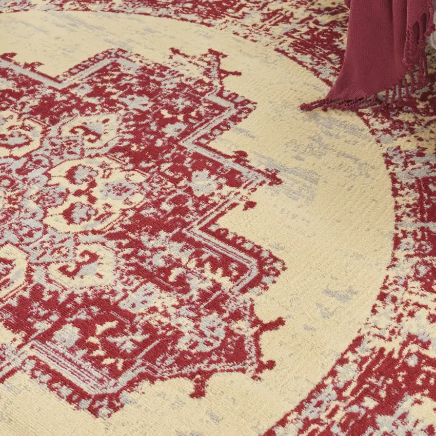 8' Cream Round Damask Power Loom Area Rug Photo 3