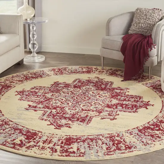 8' Cream Round Damask Power Loom Area Rug Photo 3