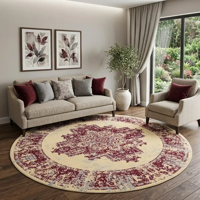 8' Cream Round Damask Power Loom Area Rug Photo 1