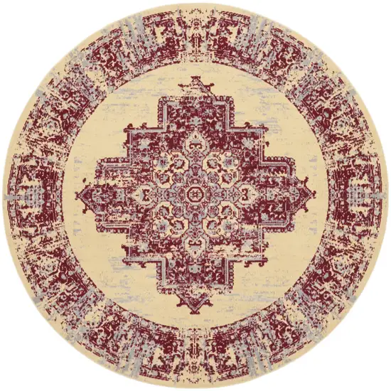 8' Cream Round Damask Power Loom Area Rug Photo 1