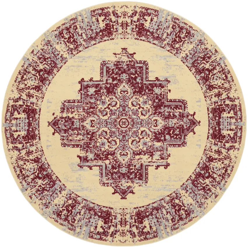8' Cream Round Damask Power Loom Area Rug Photo 1