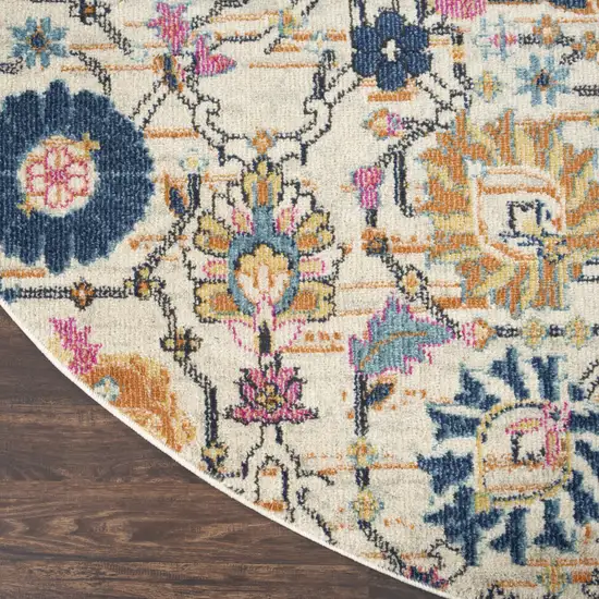 8' Cream Round Floral Power Loom Area Rug Photo 8