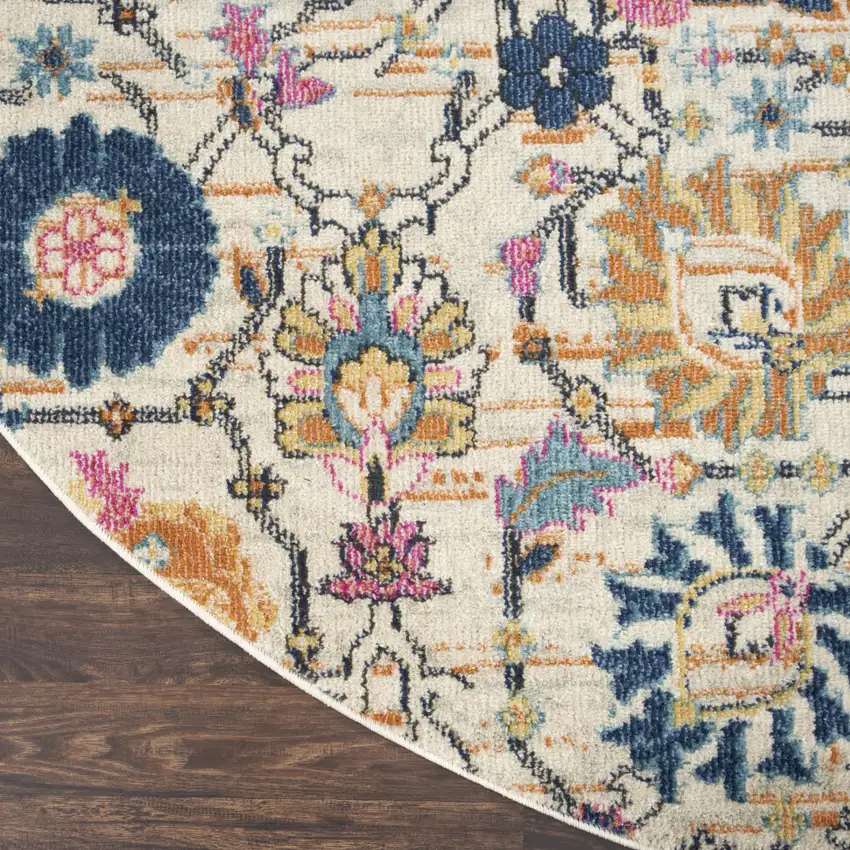 8' Cream Round Floral Power Loom Area Rug Photo 8
