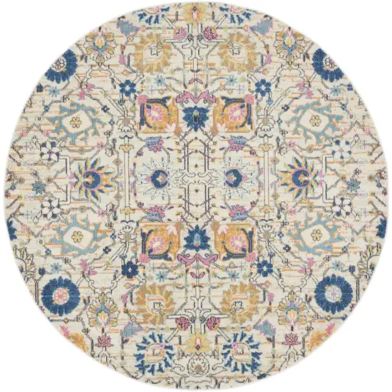 8' Cream Round Floral Power Loom Area Rug Photo 4