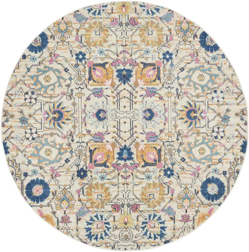 8' Cream Round Floral Power Loom Area Rug Photo 4