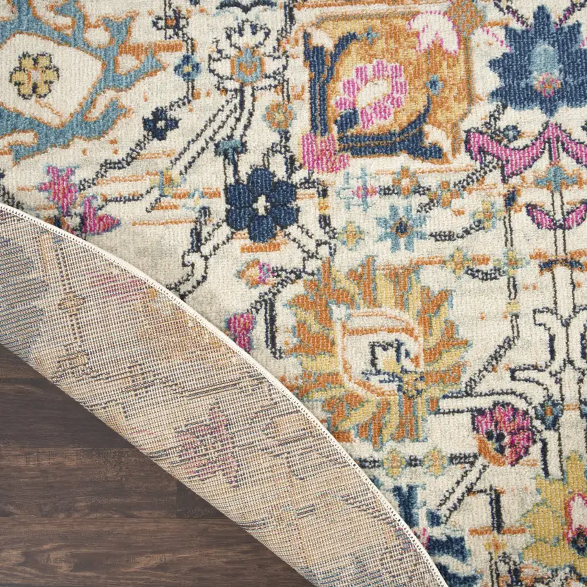 8' Cream Round Floral Power Loom Area Rug Photo 9