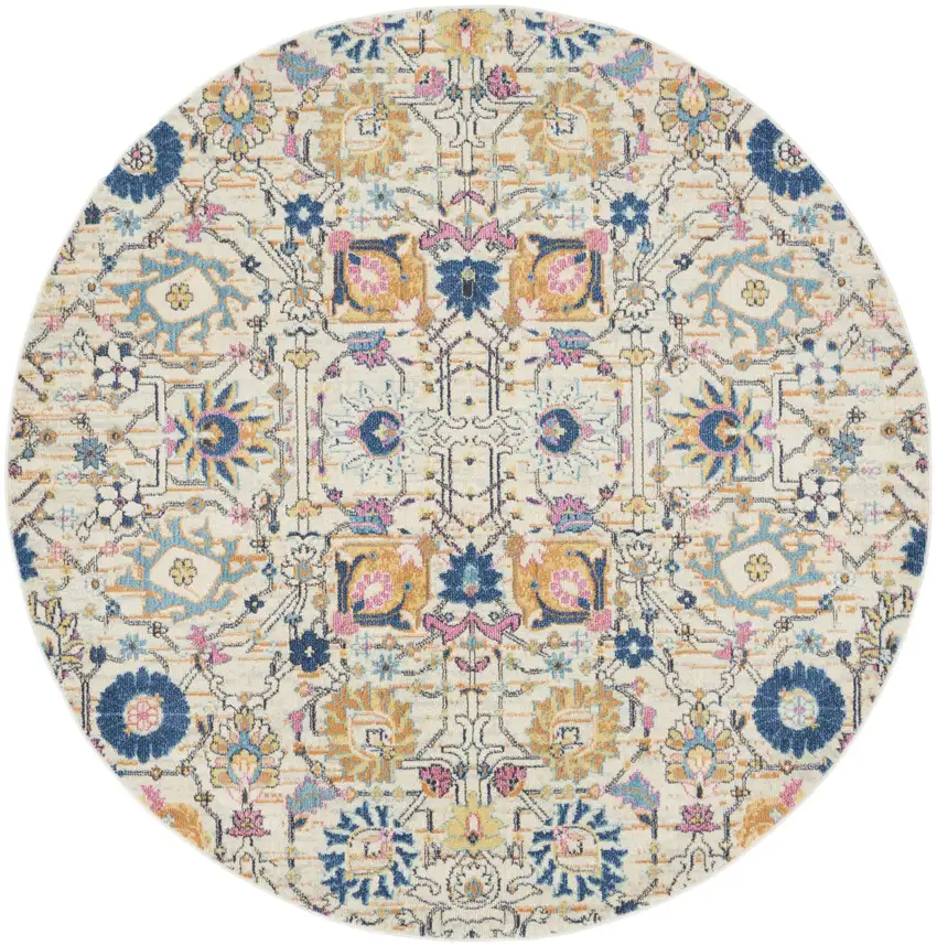 8' Cream Round Floral Power Loom Area Rug Photo 1
