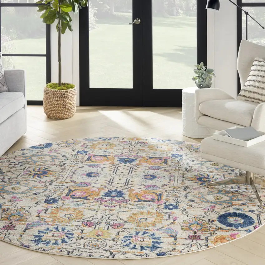 8' Cream Round Floral Power Loom Area Rug Photo 8