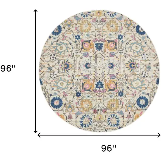 8' Cream Round Floral Power Loom Area Rug Photo 3