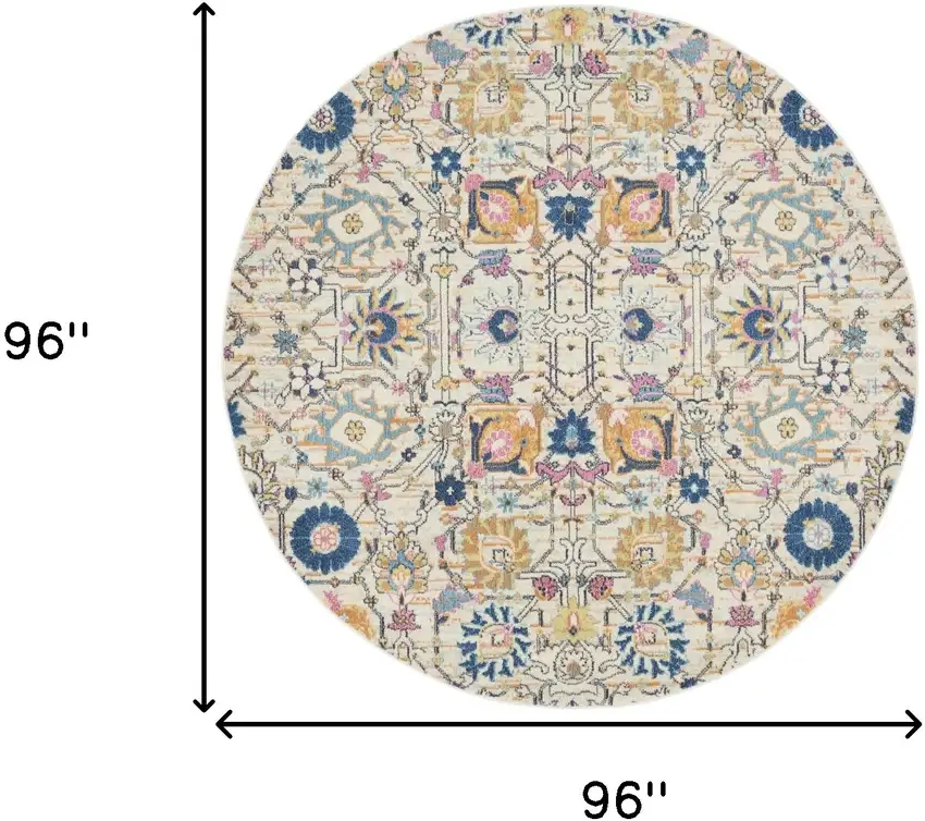 8' Cream Round Floral Power Loom Area Rug Photo 3