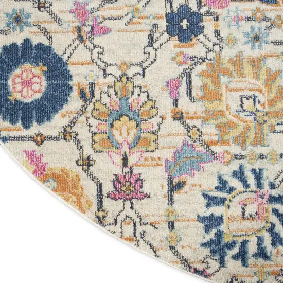 8' Cream Round Floral Power Loom Area Rug Photo 9