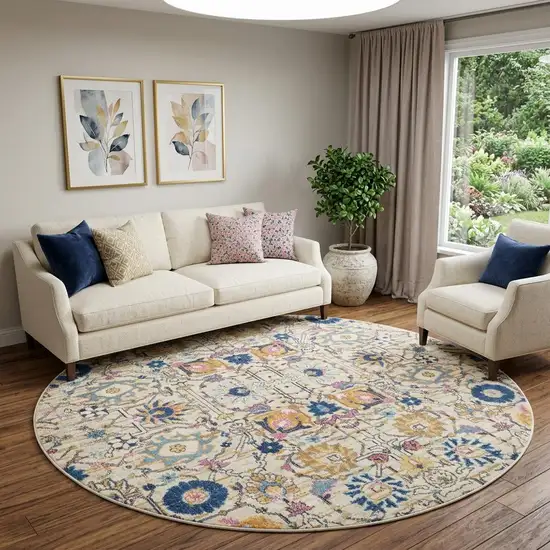 8' Cream Round Floral Power Loom Area Rug Photo 1