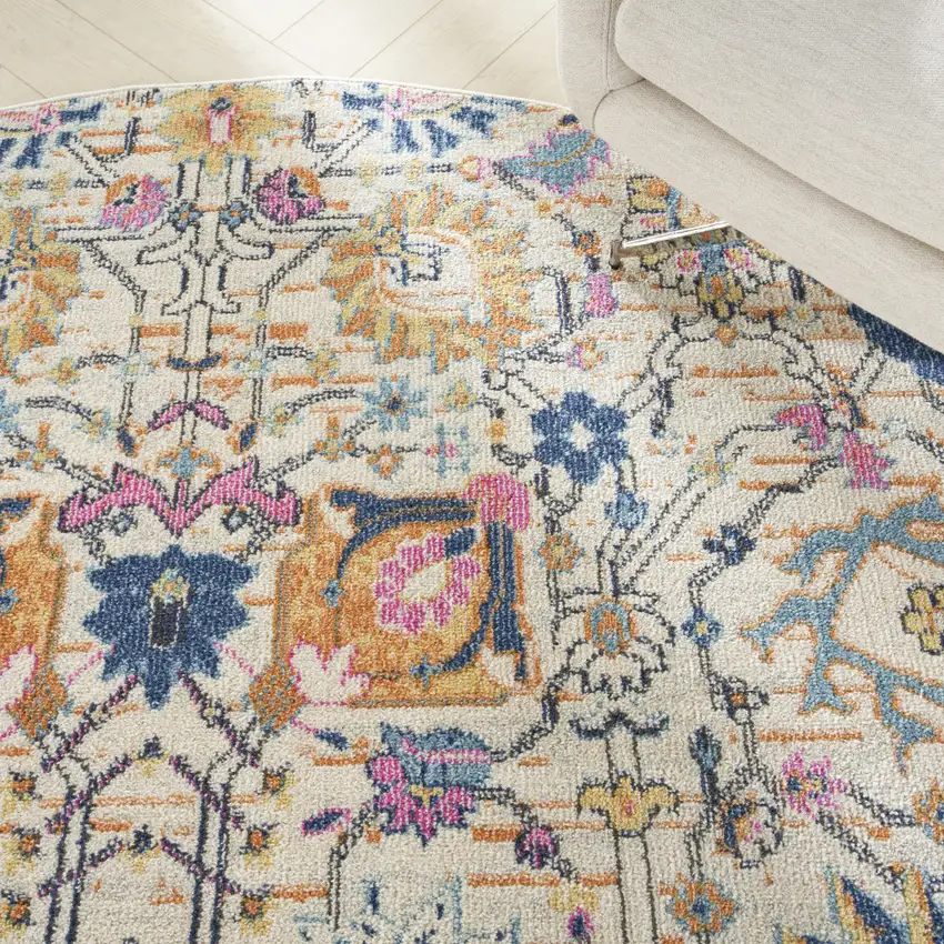 8' Cream Round Floral Power Loom Area Rug Photo 7
