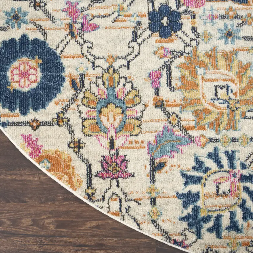 8' Cream Round Floral Power Loom Area Rug Photo 3