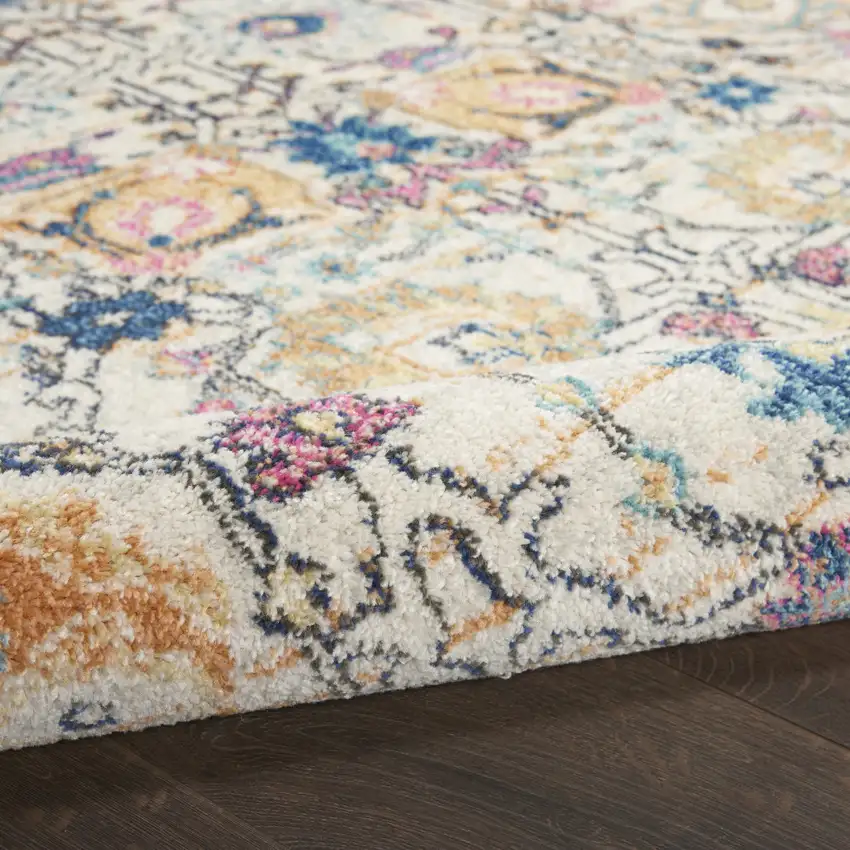 8' Cream Round Floral Power Loom Area Rug Photo 6