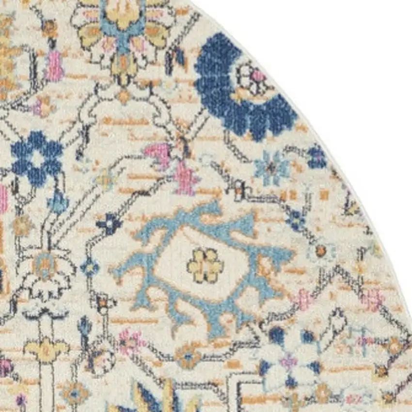 8' Cream Round Floral Power Loom Area Rug Photo 3