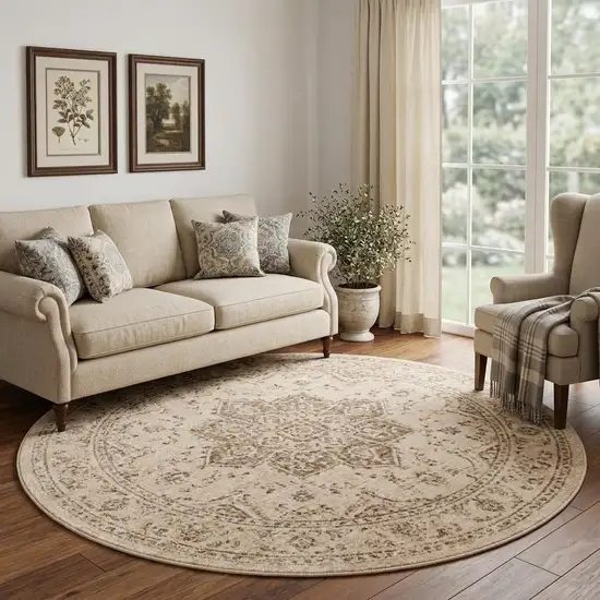 8' Cream And Brown Medallion Round Rug Photo 1