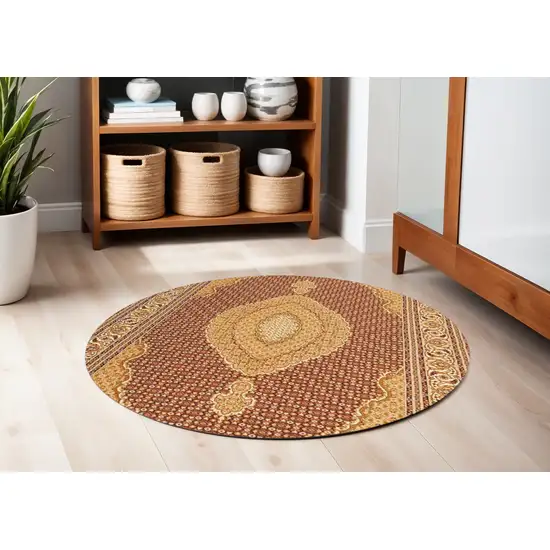 5' Cream Round Oriental Power Loom Area Rug Photo 1