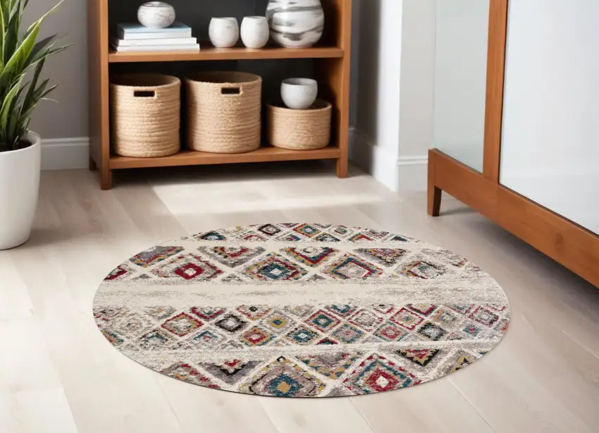 5' Cream Round Southwestern Power Loom Area Rug Photo 1