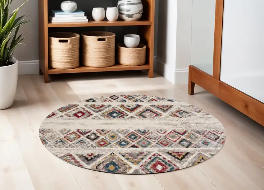 5' Cream Round Southwestern Power Loom Area Rug Photo 1