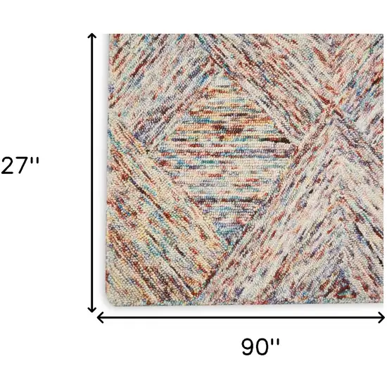 8' Cream Wool Geometric Runner Rug Photo 9