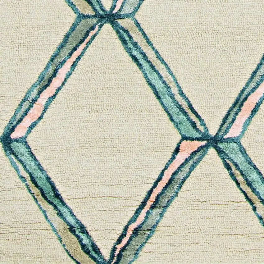 8' Cream And Aqua Wool Geometric Hand Tufted Runner Rug Photo 6