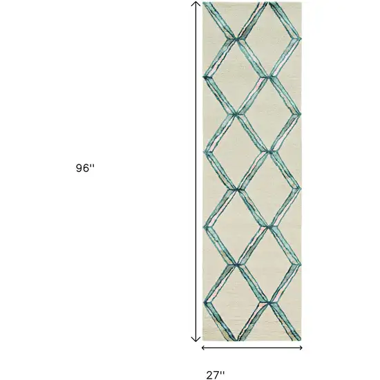 8' Cream And Aqua Wool Geometric Hand Tufted Runner Rug Photo 3