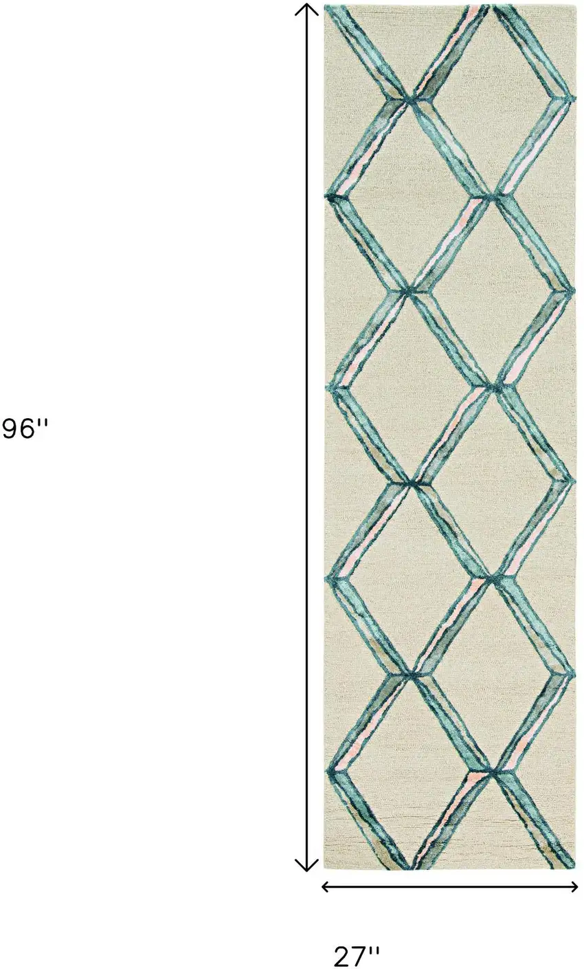 8' Cream And Aqua Wool Geometric Hand Tufted Runner Rug Photo 3