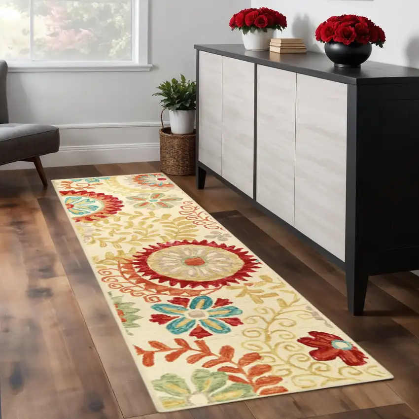 8' Cream Red And Teal Wool Medallion Hand Tufted Runner Rug Photo 1