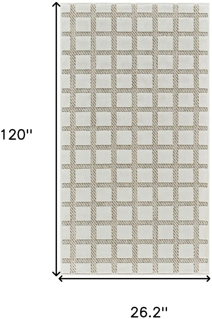 10' Cream and Beige Geometric Distressed Indoor Outdoor Runner Rug Photo 3