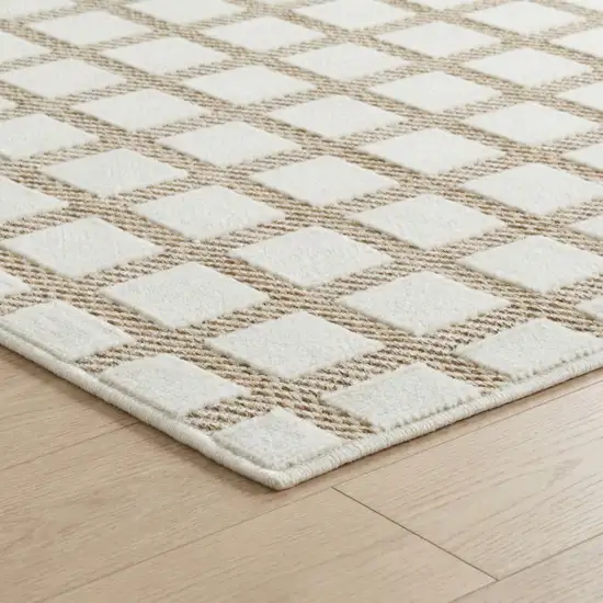 10' Cream and Beige Geometric Distressed Indoor Outdoor Runner Rug Photo 3