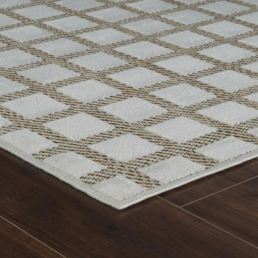 8' Cream and Beige Geometric Distressed Indoor Outdoor Runner Rug Photo 7