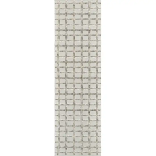 8' Cream and Beige Geometric Distressed Indoor Outdoor Runner Rug Photo 4