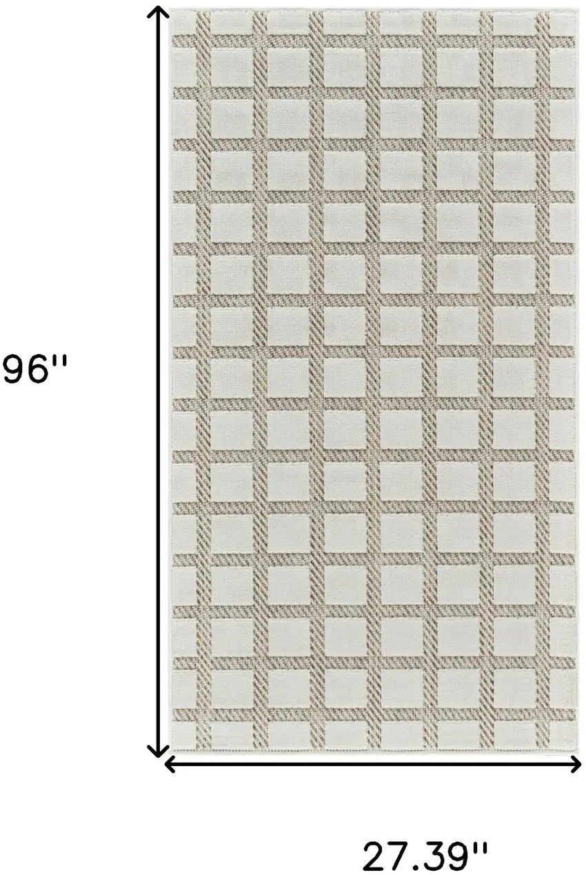 8' Cream and Beige Geometric Distressed Indoor Outdoor Runner Rug Photo 3