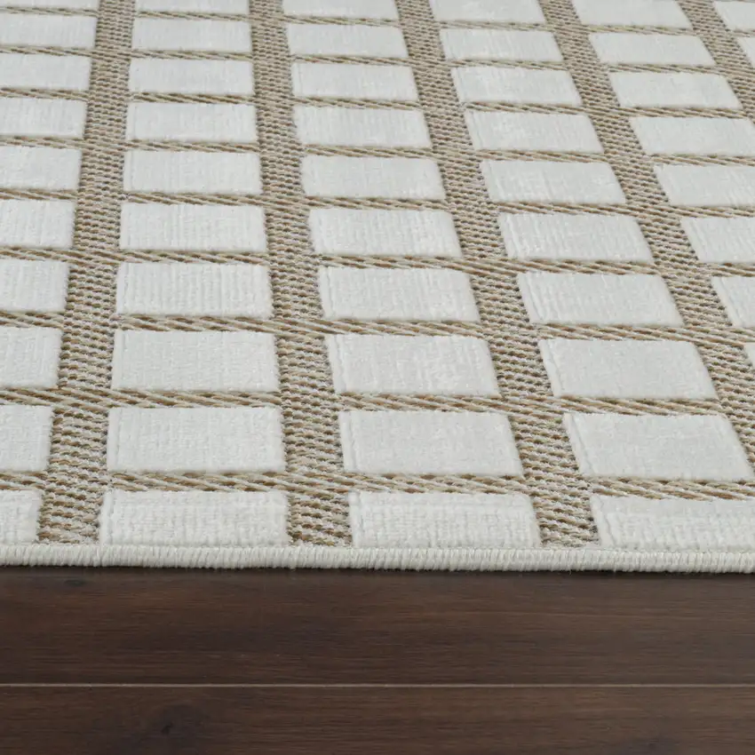 8' Cream and Beige Geometric Distressed Indoor Outdoor Runner Rug Photo 6