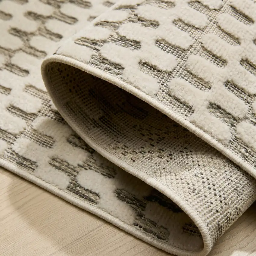 10' Cream and Beige Geometric Distressed Indoor Outdoor Runner Rug Photo 5
