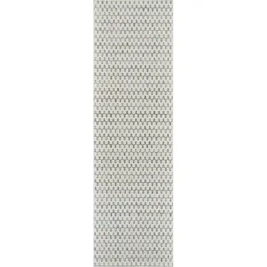 8' Cream and Beige Geometric Distressed Indoor Outdoor Runner Rug Photo 3